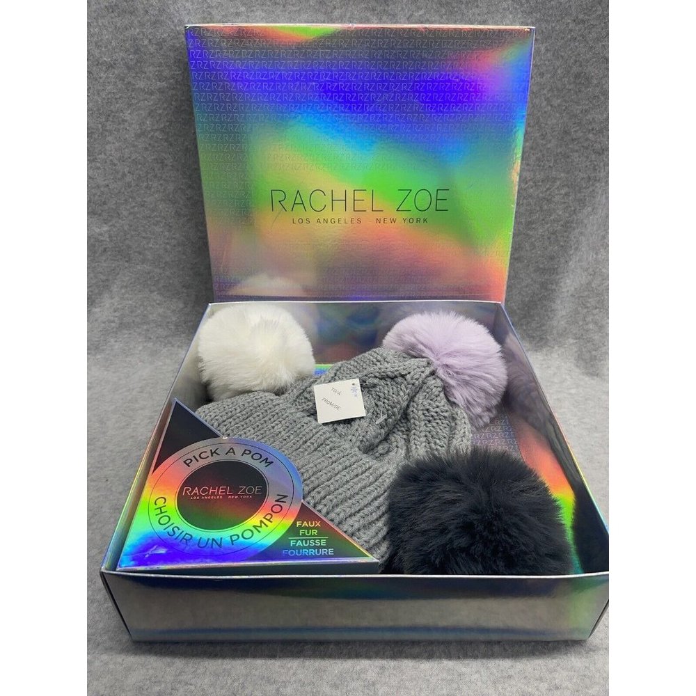 Rachel Zoe “Pick a Pom” Hat 3 Color Change Poms Hat NEW Gift BOX Gray Cap Pink